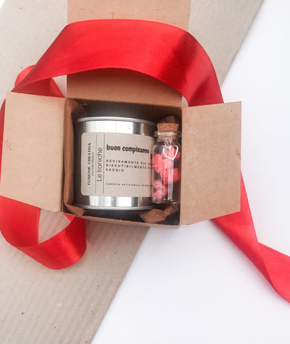 Mini Box Regalo ironico  – Candela a scelta  &  Cuoricini in Cera Vegetale