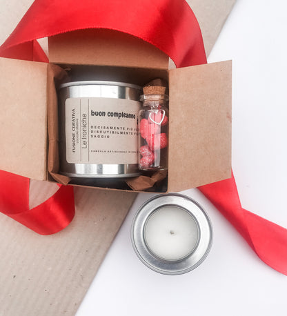 Mini Box Regalo ironico  – Candela a scelta  &  Cuoricini in Cera Vegetale